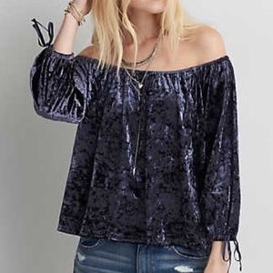 Crushed, Navy, off the shoulder top
